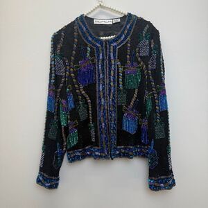 Vintage Scala Silk Butterfly Sequin Jacket Multicolor Long Sleeve Beaded 🔴